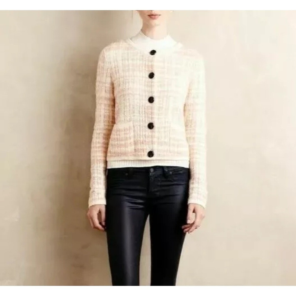 ANTHROPOLOGIE KNITTED & KNOTTED Plaid Boucle Cardigan‎ Sweater Womens Size LG